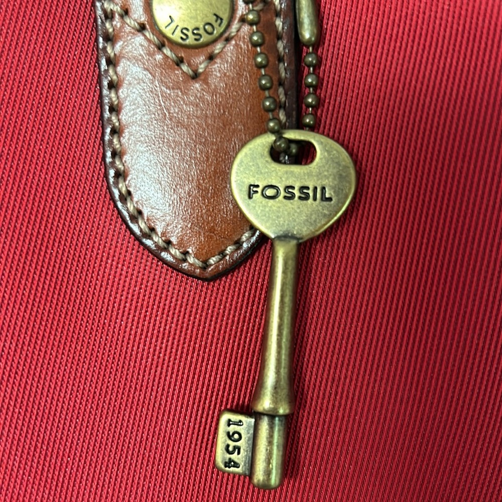 Fossil Red Canvas Satchel with Brown Leather Handles - Picture 7 of 7